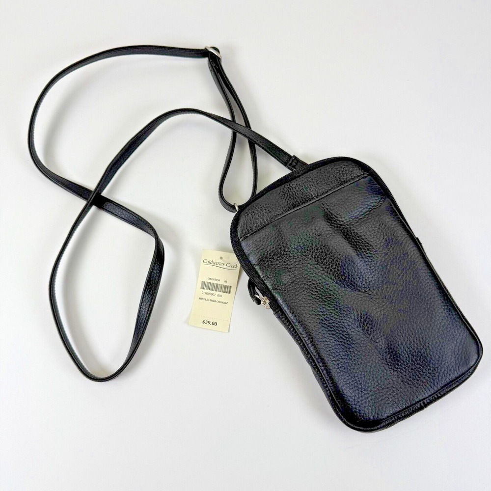 Vintage Coldwater Creek Mini Leather Organizer Black Crossbody Pouch Pebbled Y2K